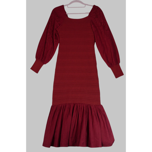 Anthropologie Midi Sweater Dress Womens XS Maroon Stretchy Mermaid Puff Sleeve - Picture 2 of 15